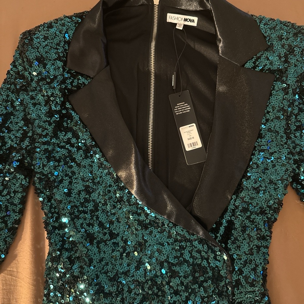 Fashion Nova Teal Sequin Jacket with Black Lapels